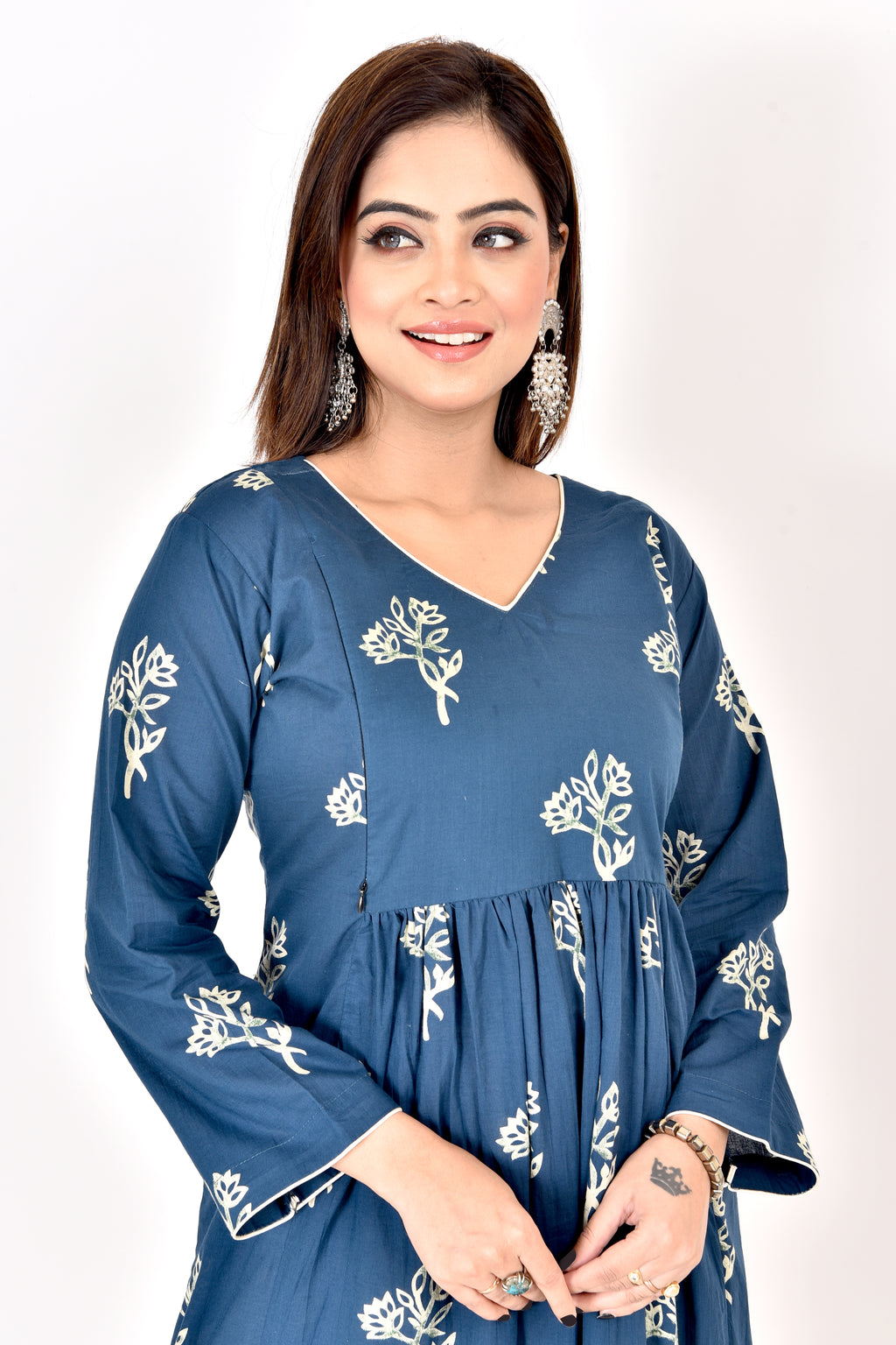 Teal Blue Floral Print Maternity Kurta