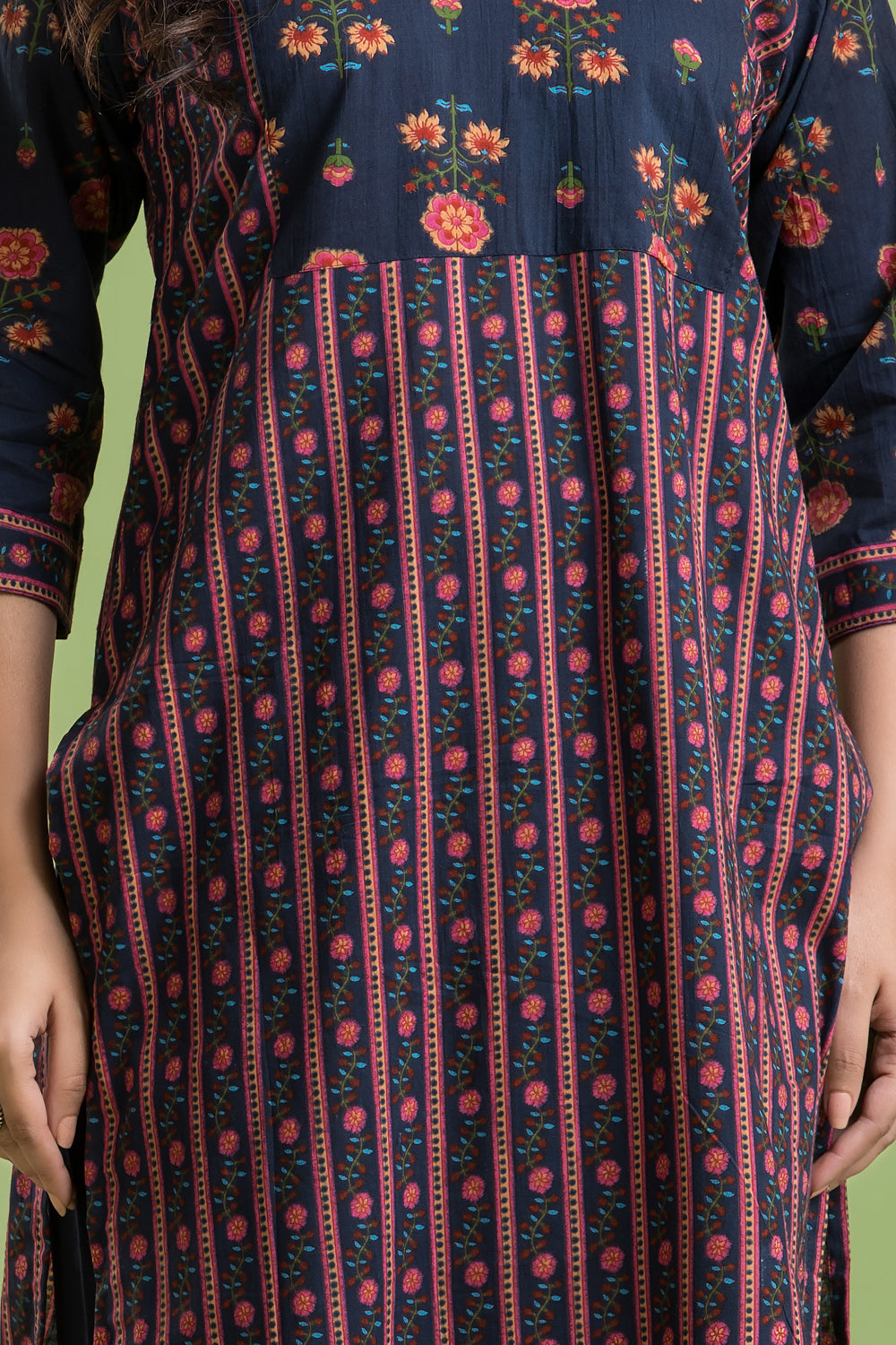 Navy Blue & Pink Striped Print Kurta