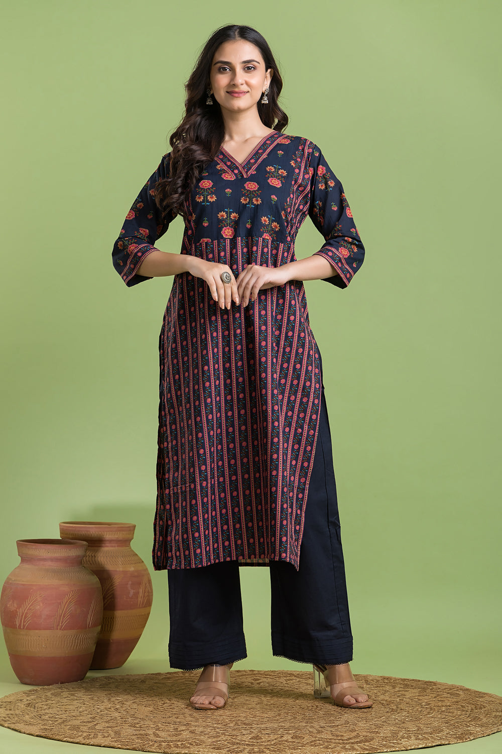 Navy Blue & Pink Striped Print Kurta
