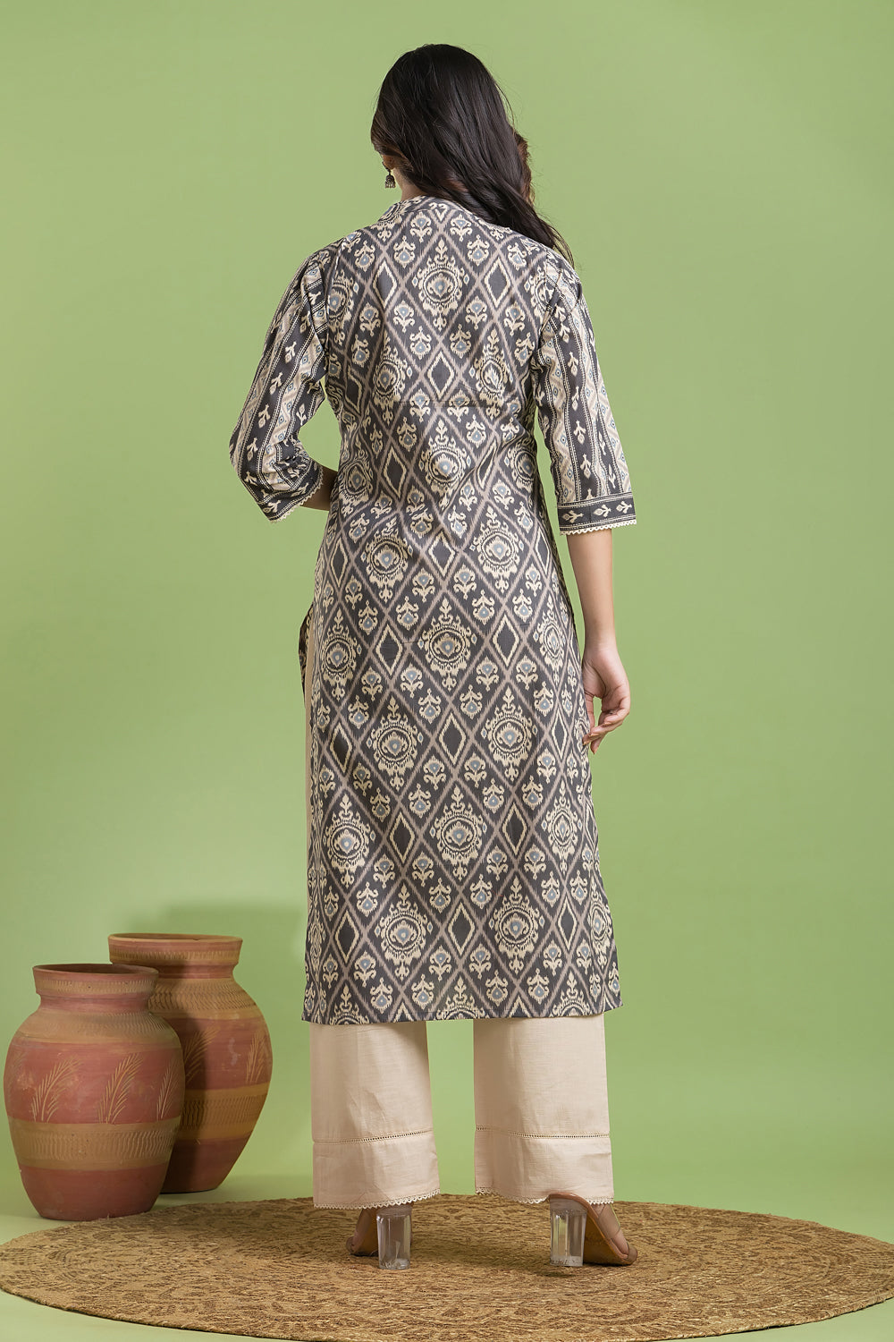 Grey Floral Ikkat Print Kurta