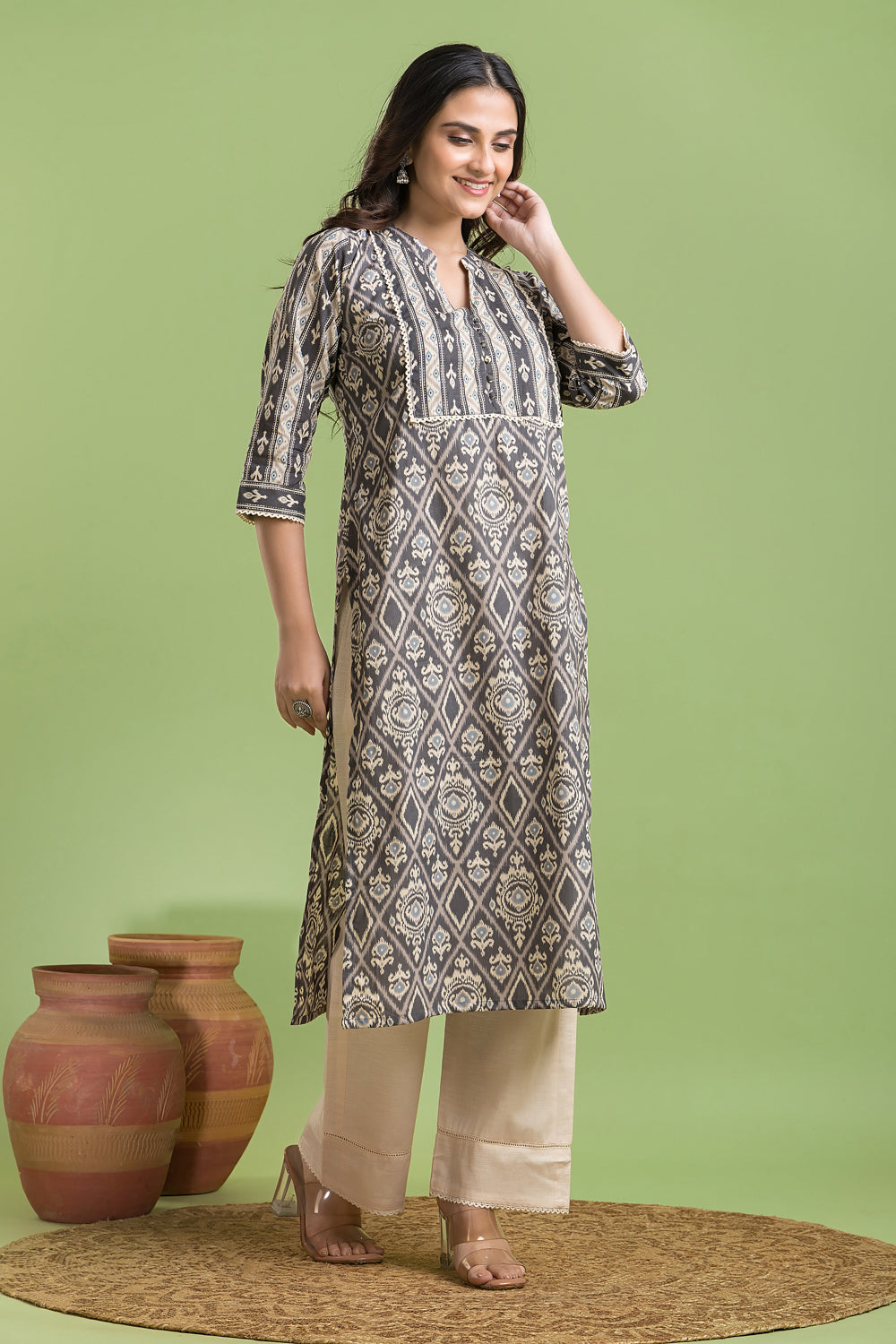 Grey Floral Ikkat Print Kurta