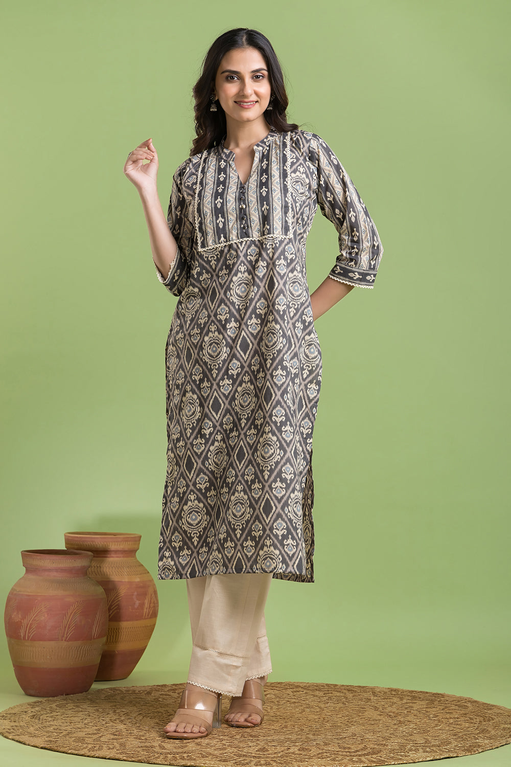 Grey Floral Ikkat Print Kurta
