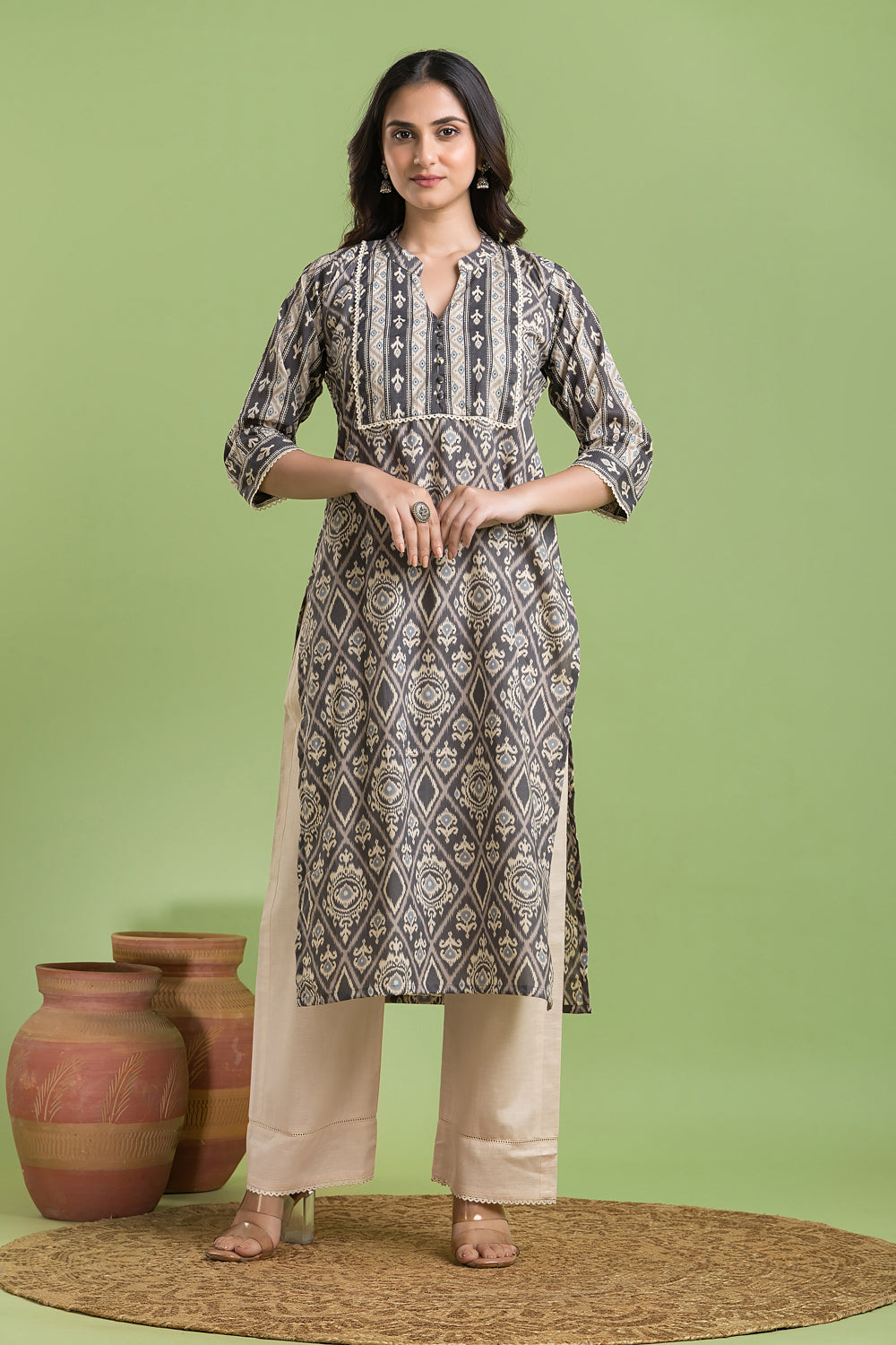 Grey Floral Ikkat Print Kurta