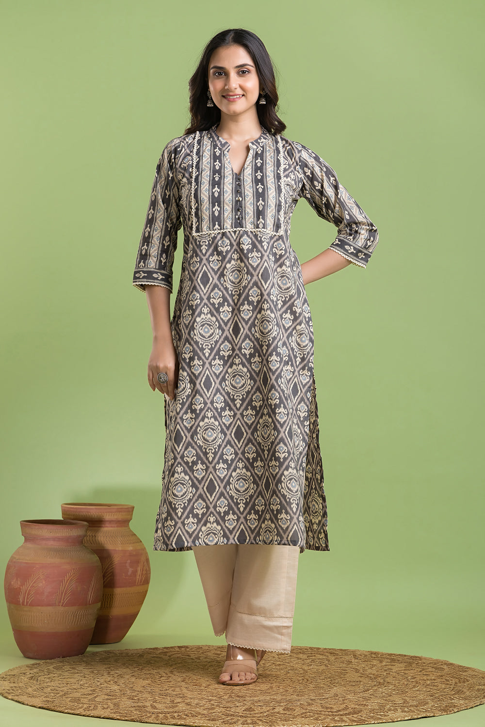 Grey Floral Ikkat Print Kurta