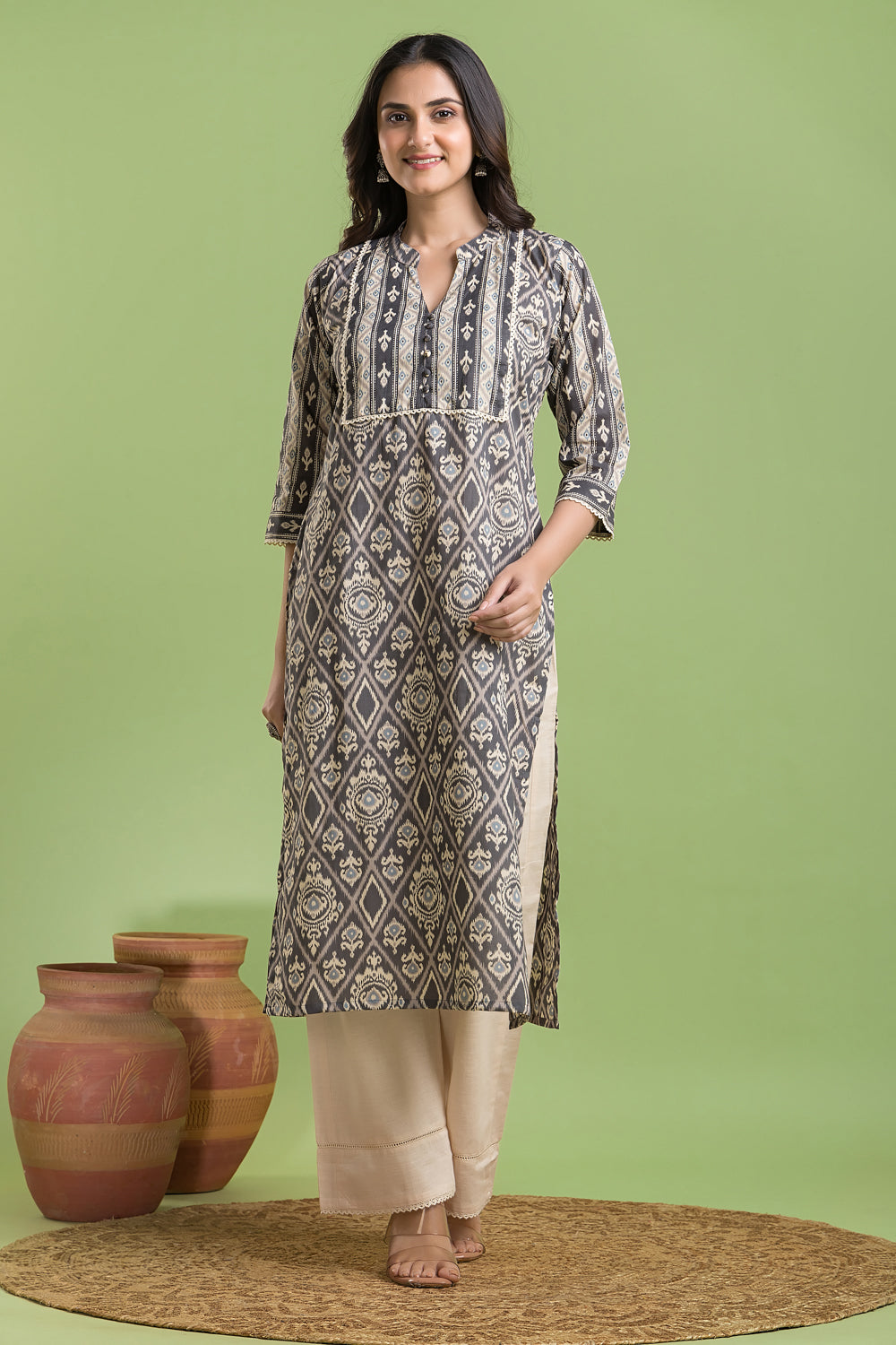 Grey Floral Ikkat Print Kurta
