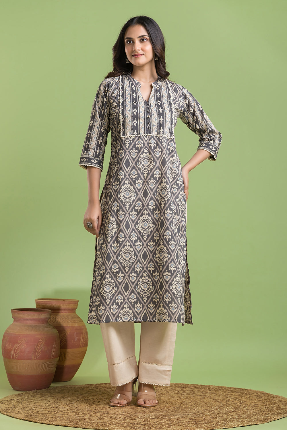 Grey Floral Ikkat Print Kurta