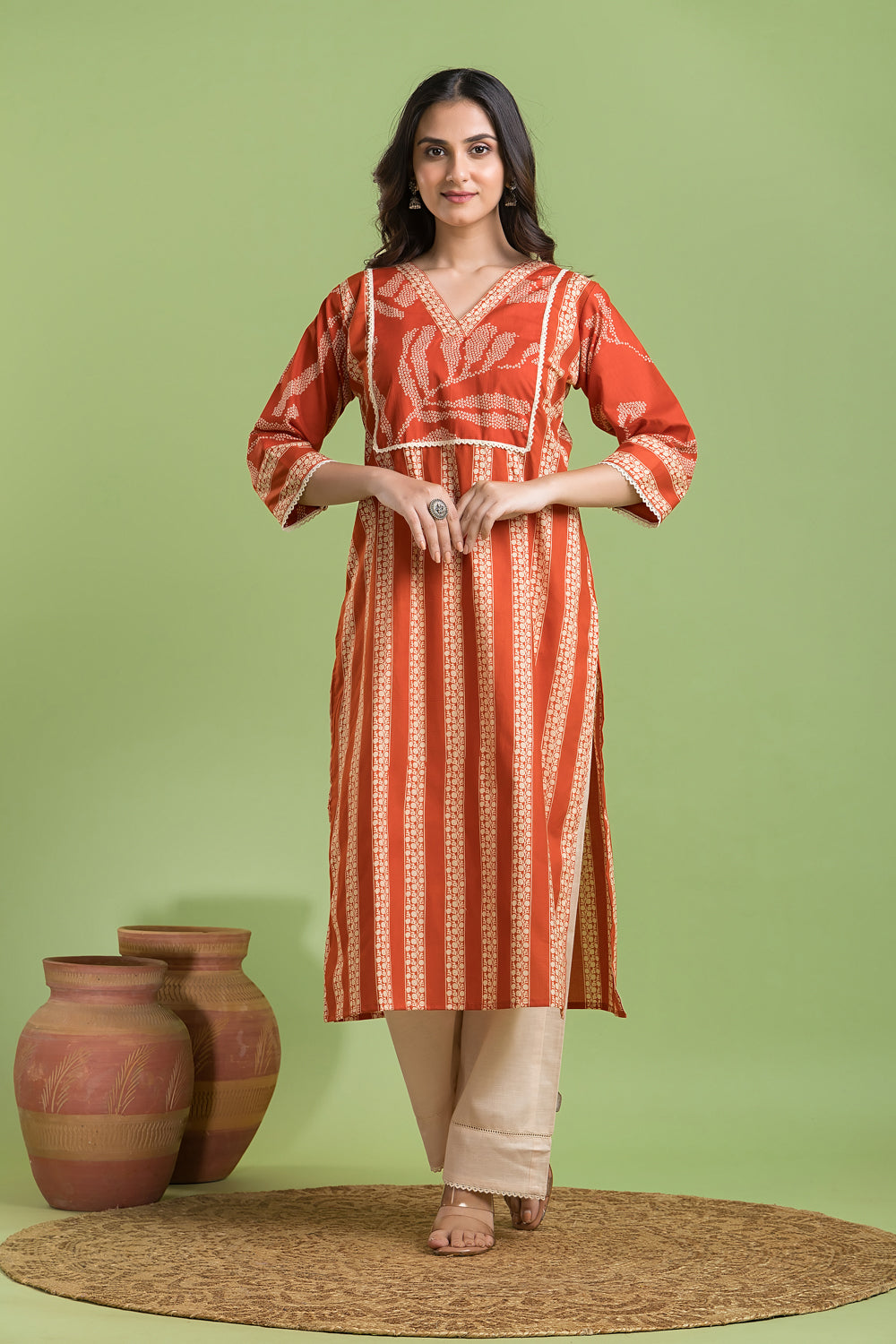 Rust Orange Striped Kurta