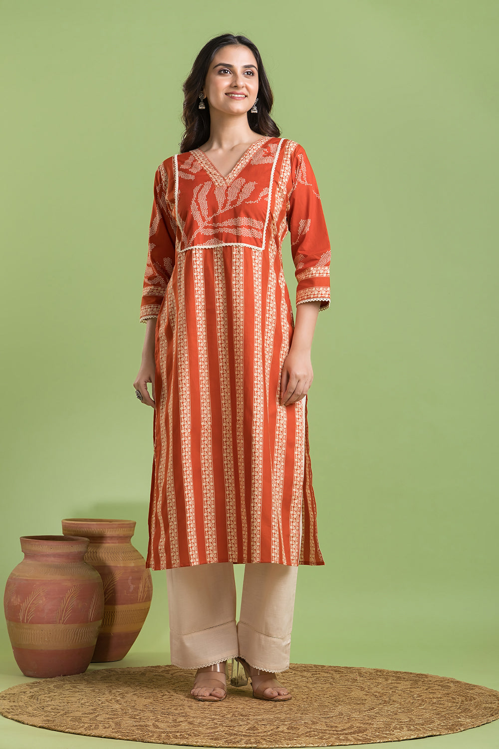 Rust Orange Striped Kurta