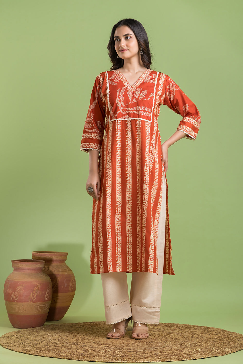 Rust Orange Striped Kurta