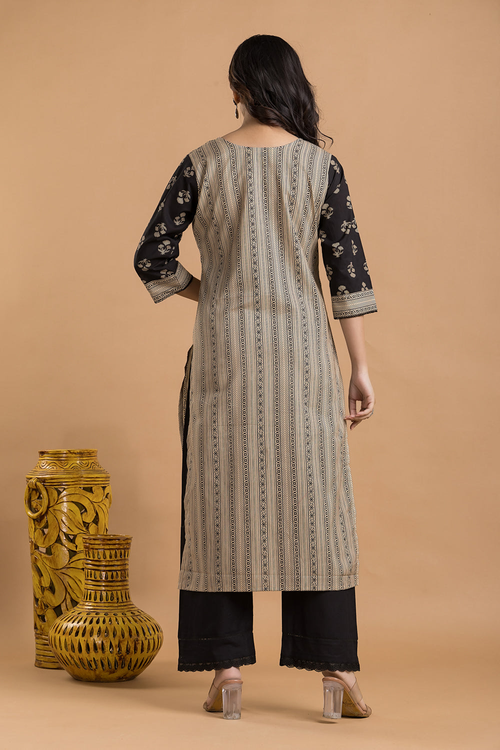 Beige Ornate Striped Kurta