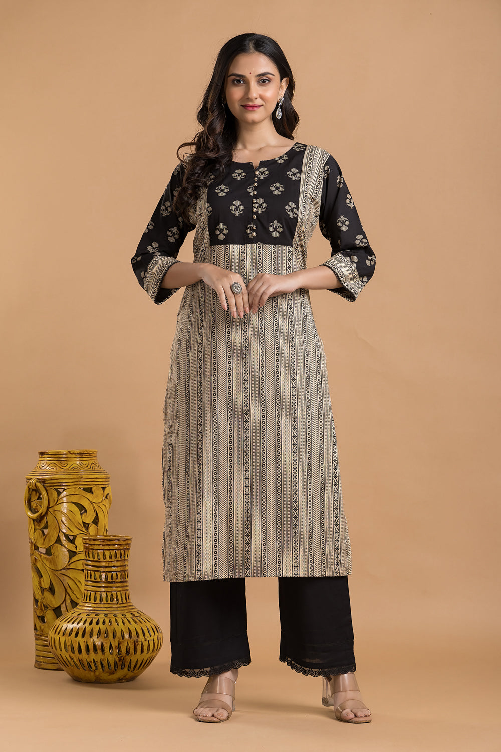 Beige Ornate Striped Kurta