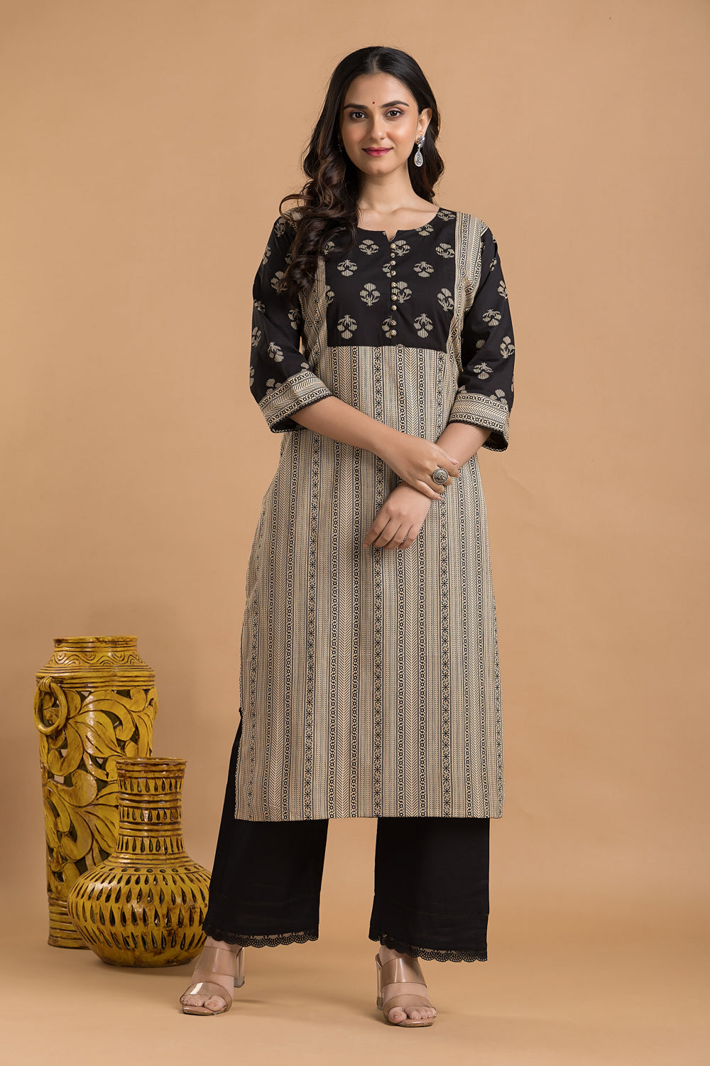 Beige Ornate Striped Kurta