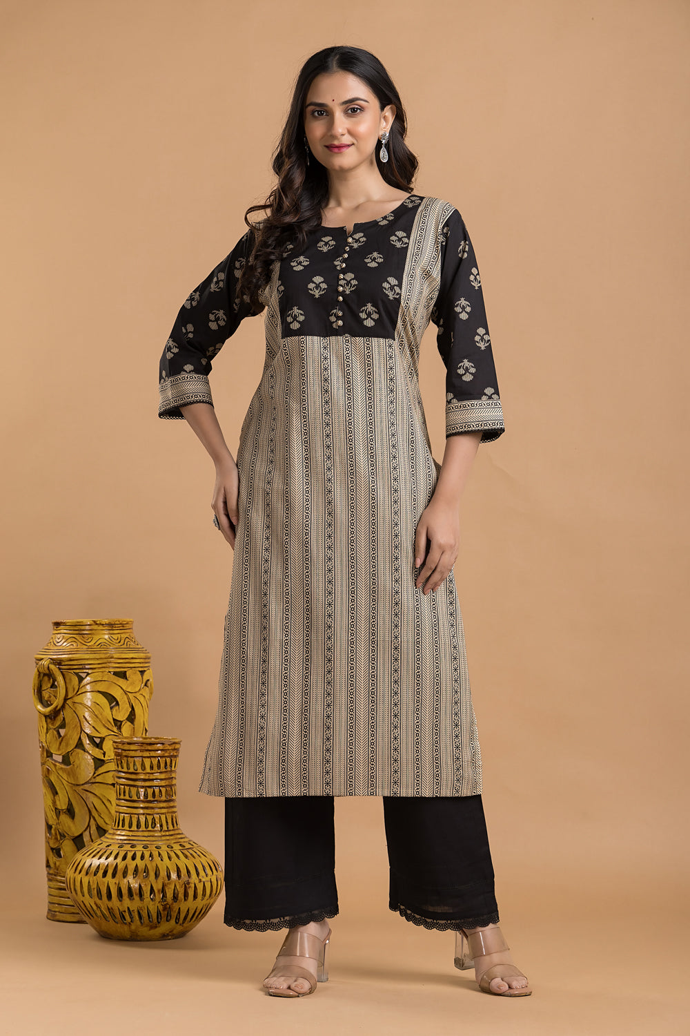 Beige Ornate Striped Kurta