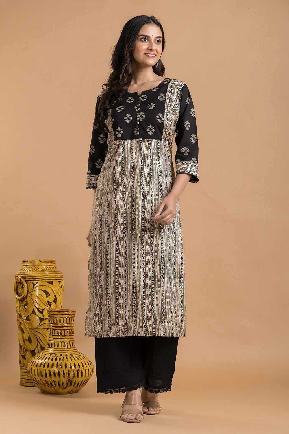 Beige Ornate Striped Kurta