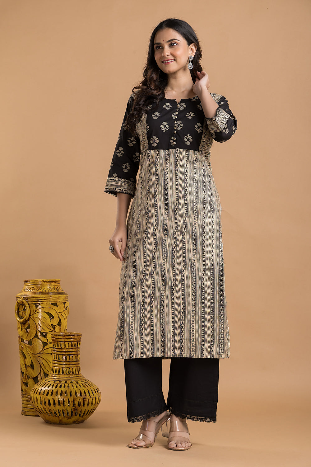 Beige Ornate Striped Kurta