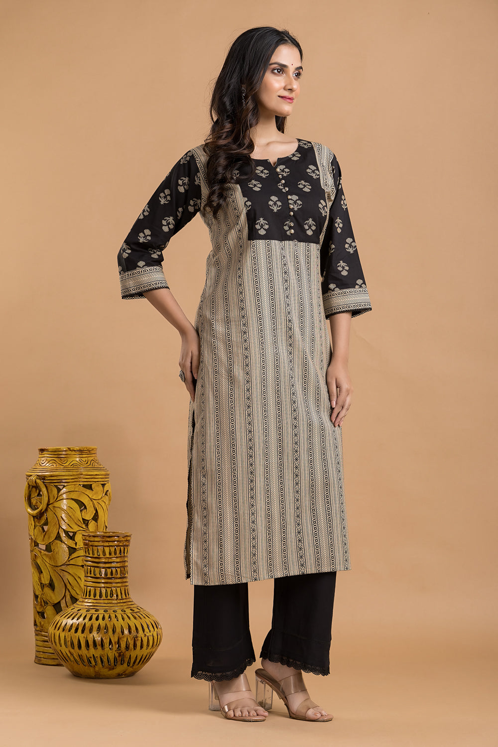Beige Ornate Striped Kurta