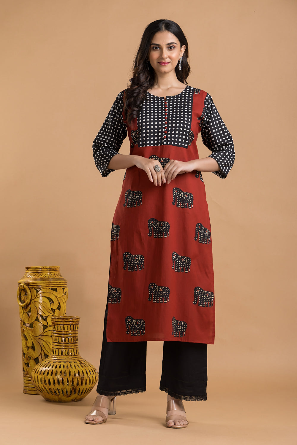 Maroon & Black Animal Print Kurta