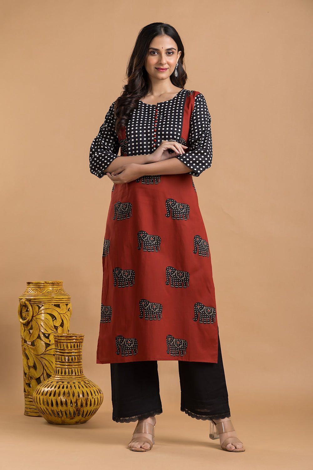 Maroon & Black Animal Print Kurta
