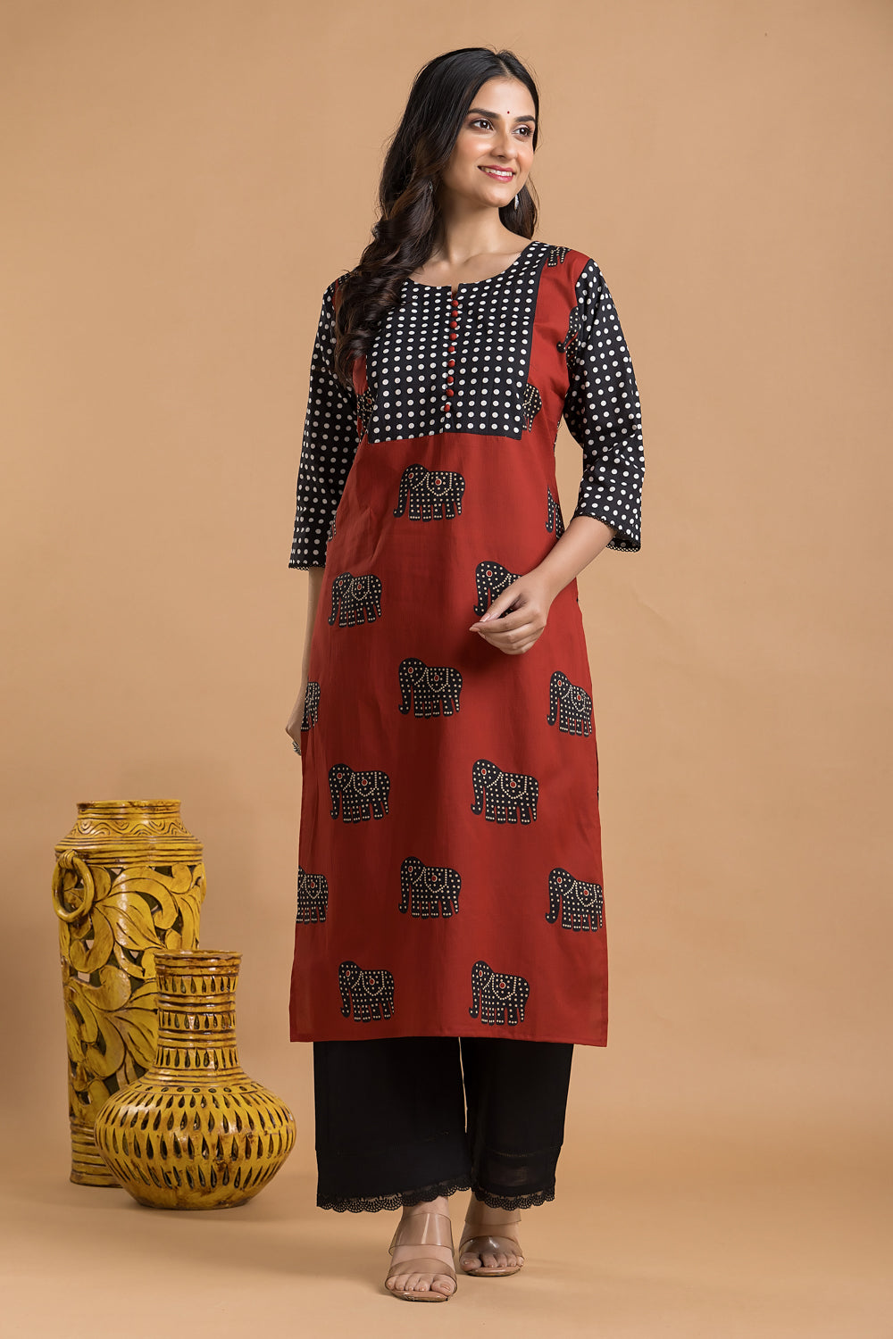 Maroon & Black Animal Print Kurta