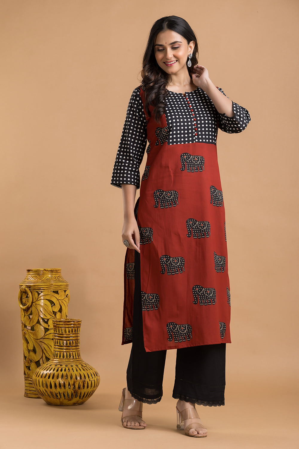 Maroon & Black Animal Print Kurta