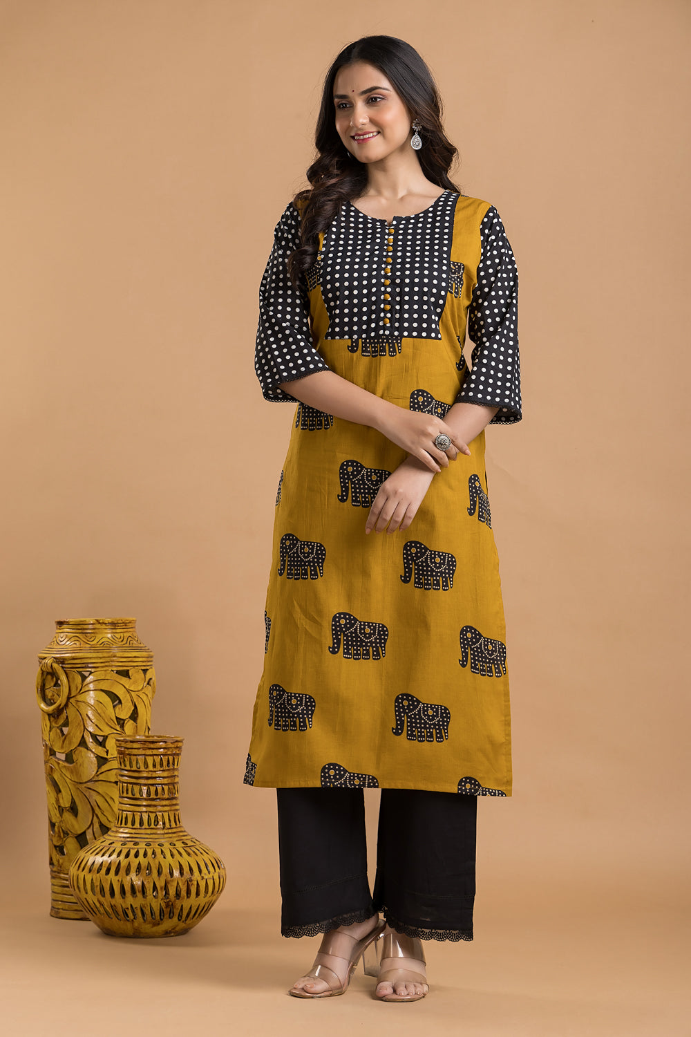 Yellow & Black Animal Print Kurta