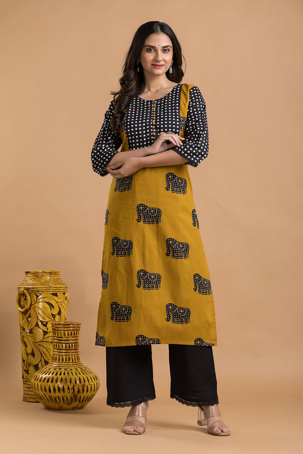 Yellow & Black Animal Print Kurta