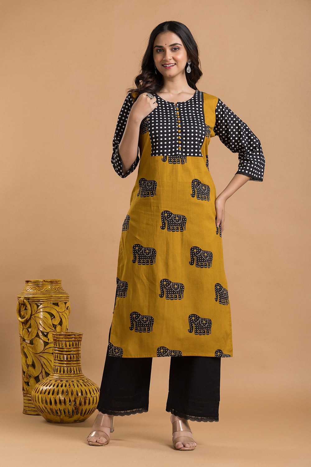 Yellow & Black Animal Print Kurta