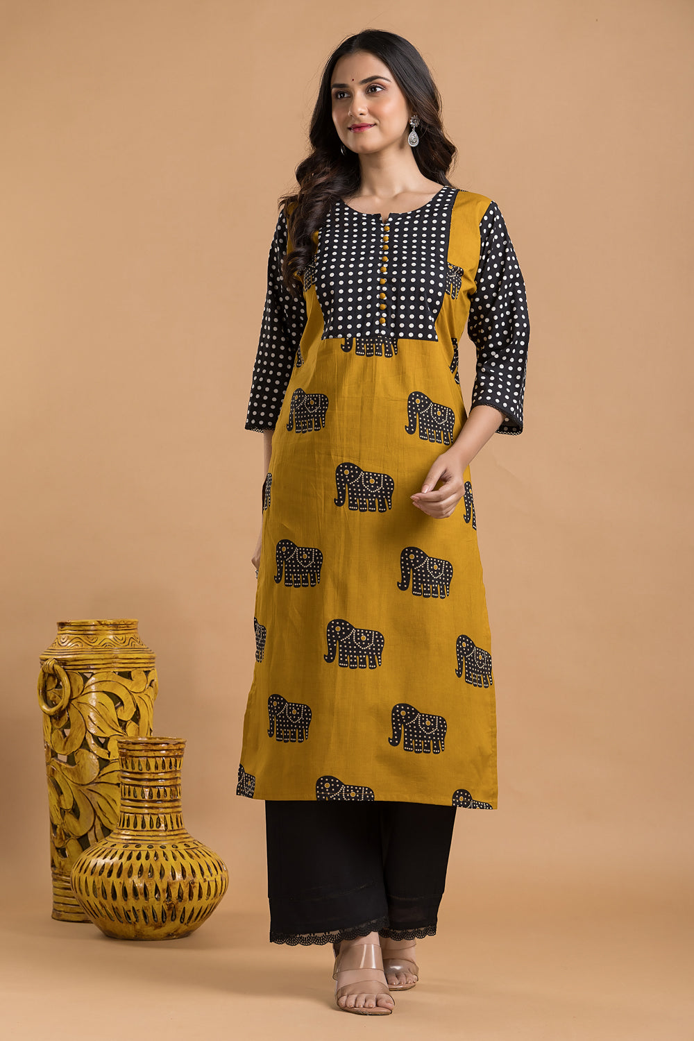 Yellow & Black Animal Print Kurta