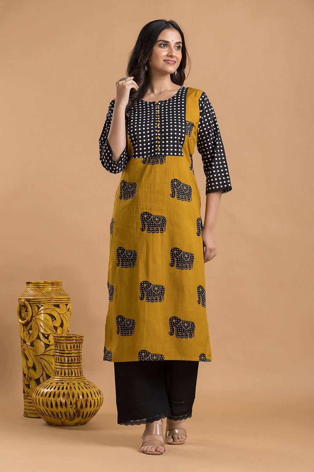 Yellow & Black Animal Print Kurta