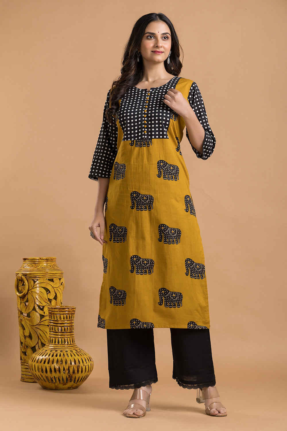 Yellow & Black Animal Print Kurta
