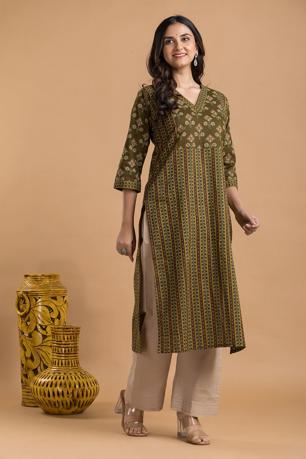 Olive Green Striped Print Kurta
