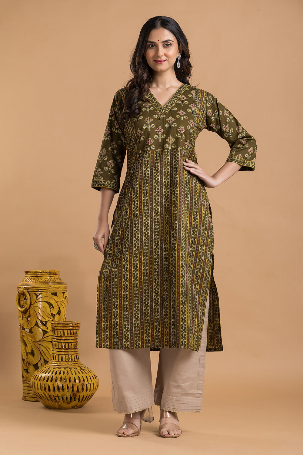 Olive Green Striped Print Kurta