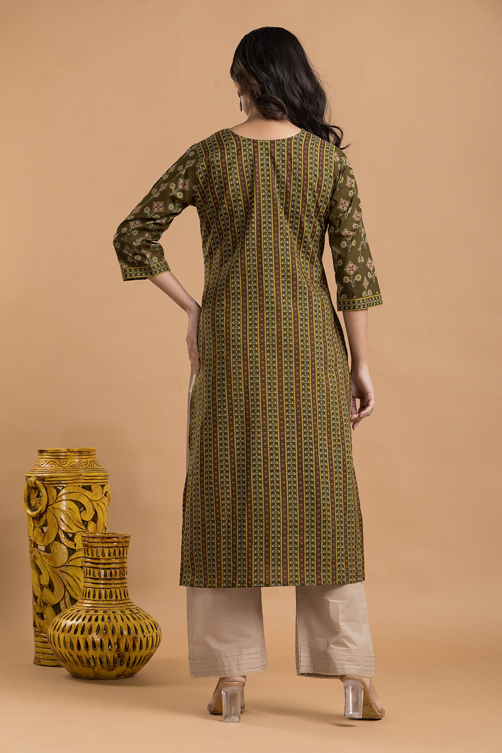 Olive Green Striped Print Kurta