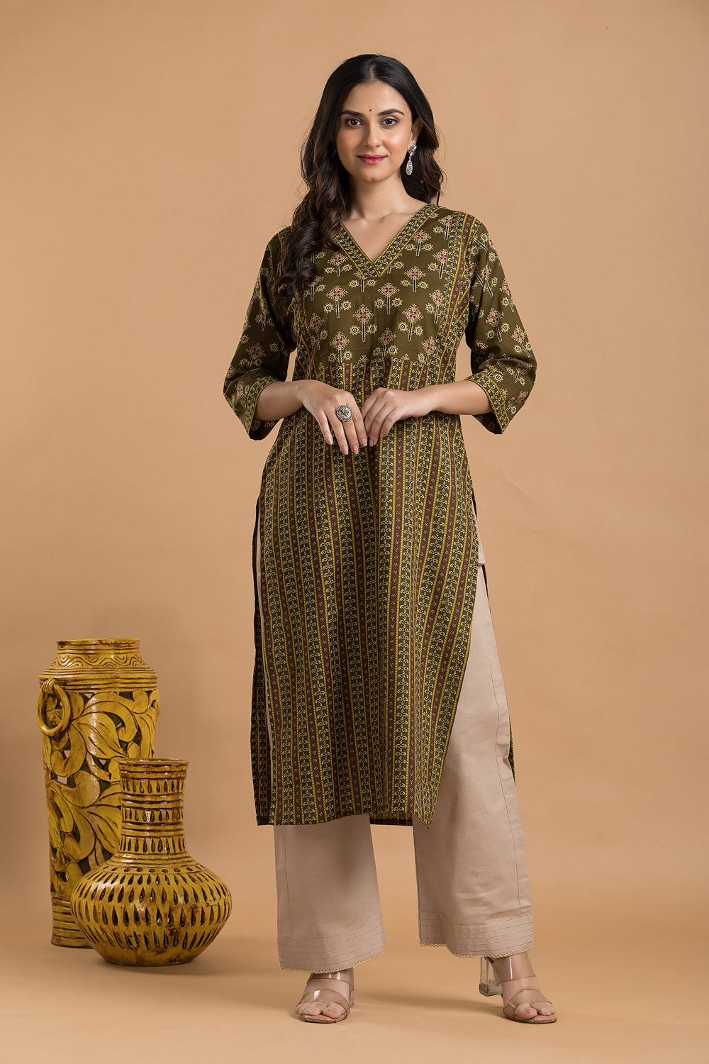 Olive Green Striped Print Kurta