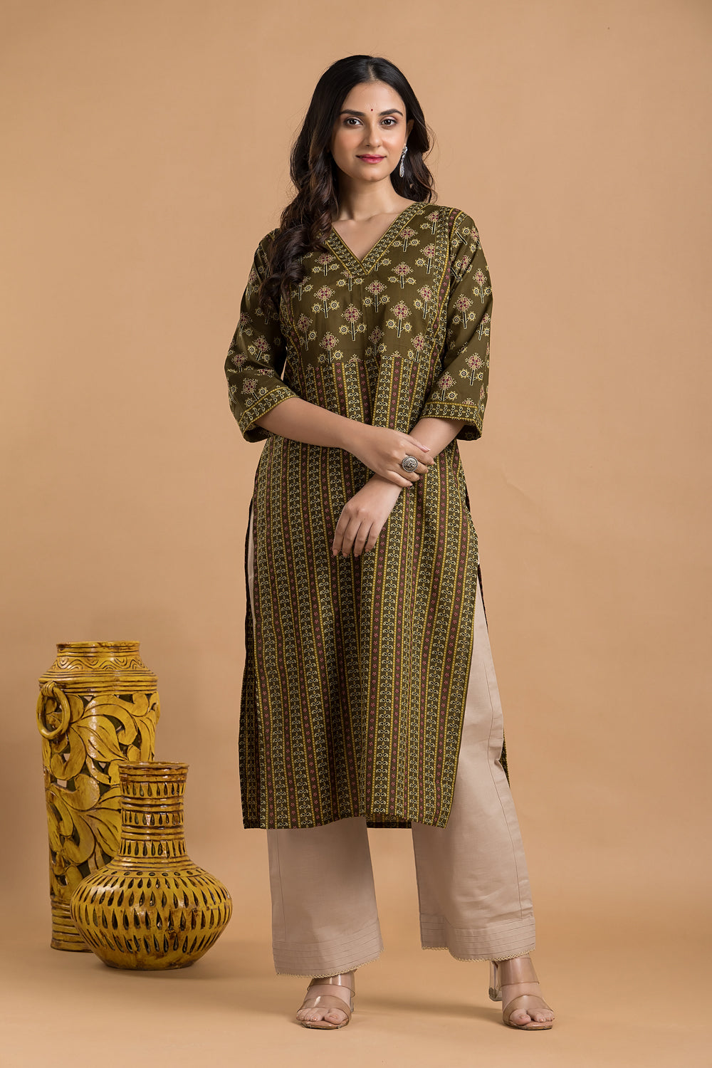 Olive Green Striped Print Kurta