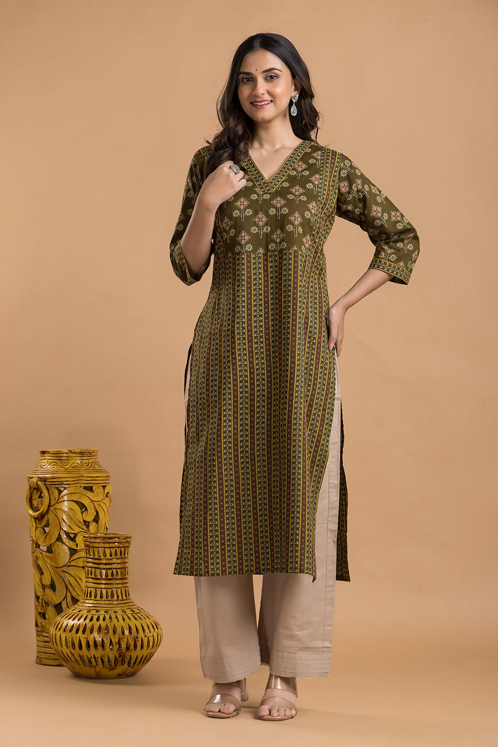 Olive Green Striped Print Kurta