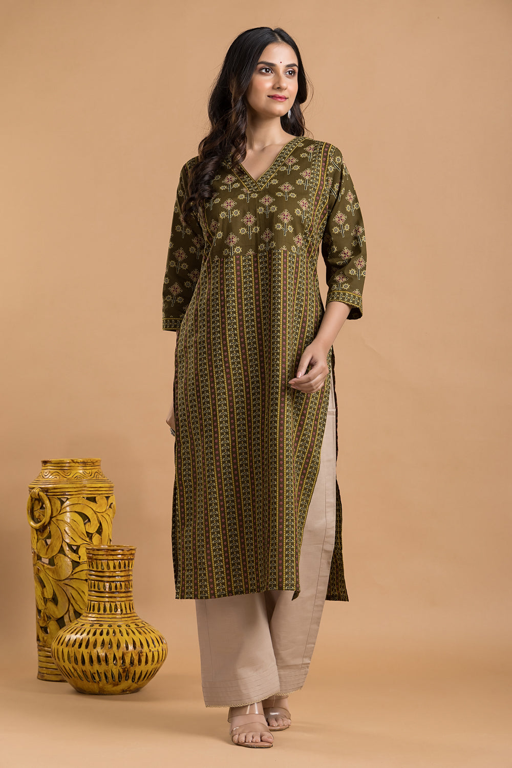 Olive Green Striped Print Kurta