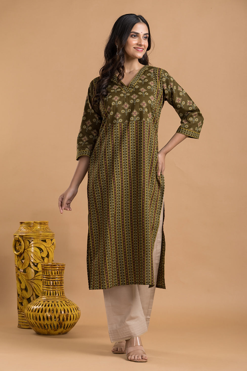 Olive Green Striped Print Kurta