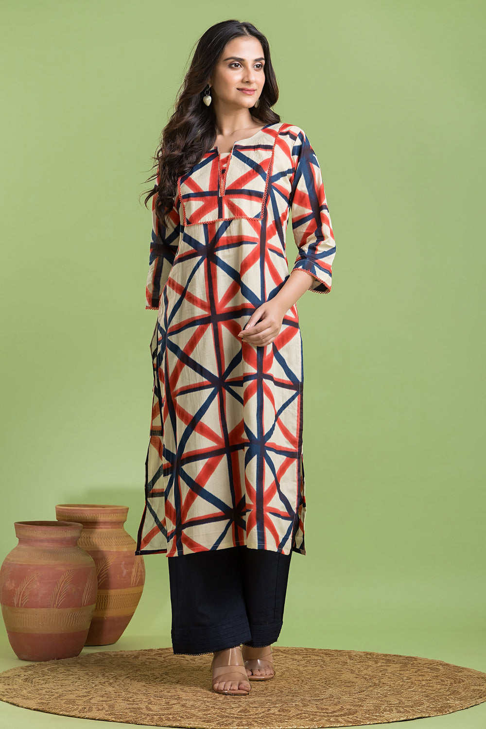 Off-white, Red & Blue Geometric Print Kurta