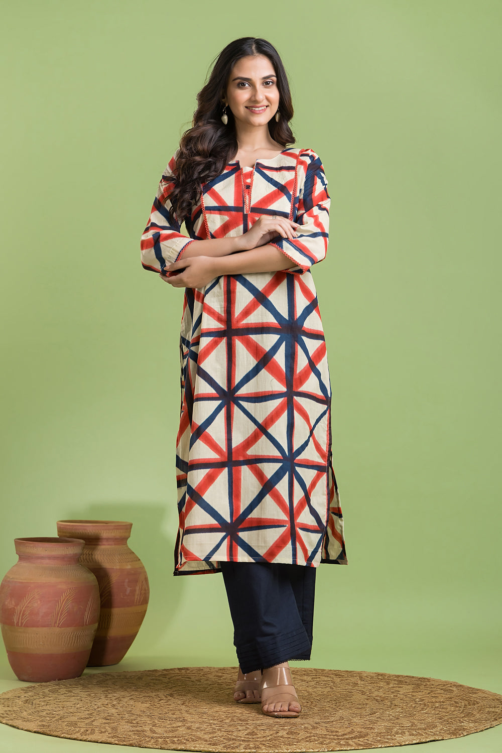 Off-white, Red & Blue Geometric Print Kurta