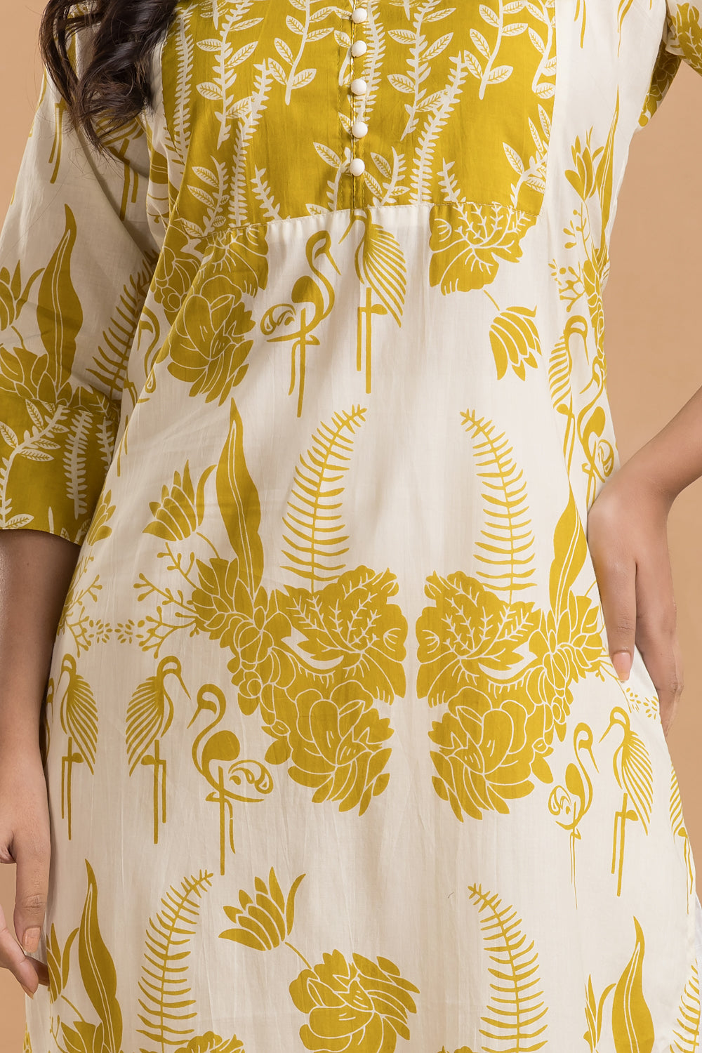 Off-white & Yellow Flamingo Print Kurta