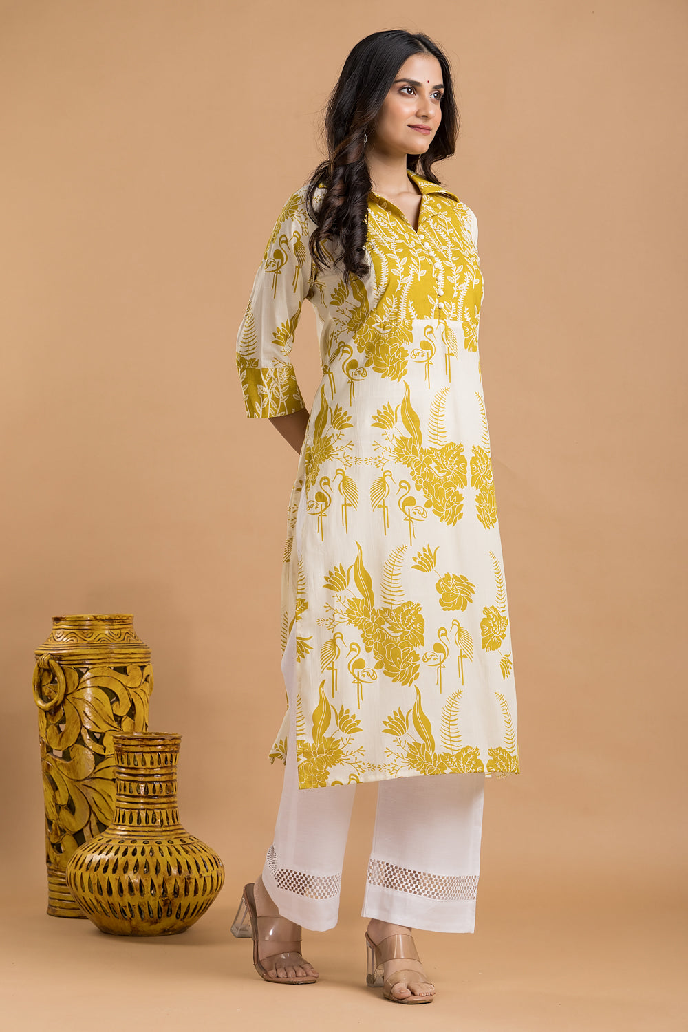 Off-white & Yellow Flamingo Print Kurta