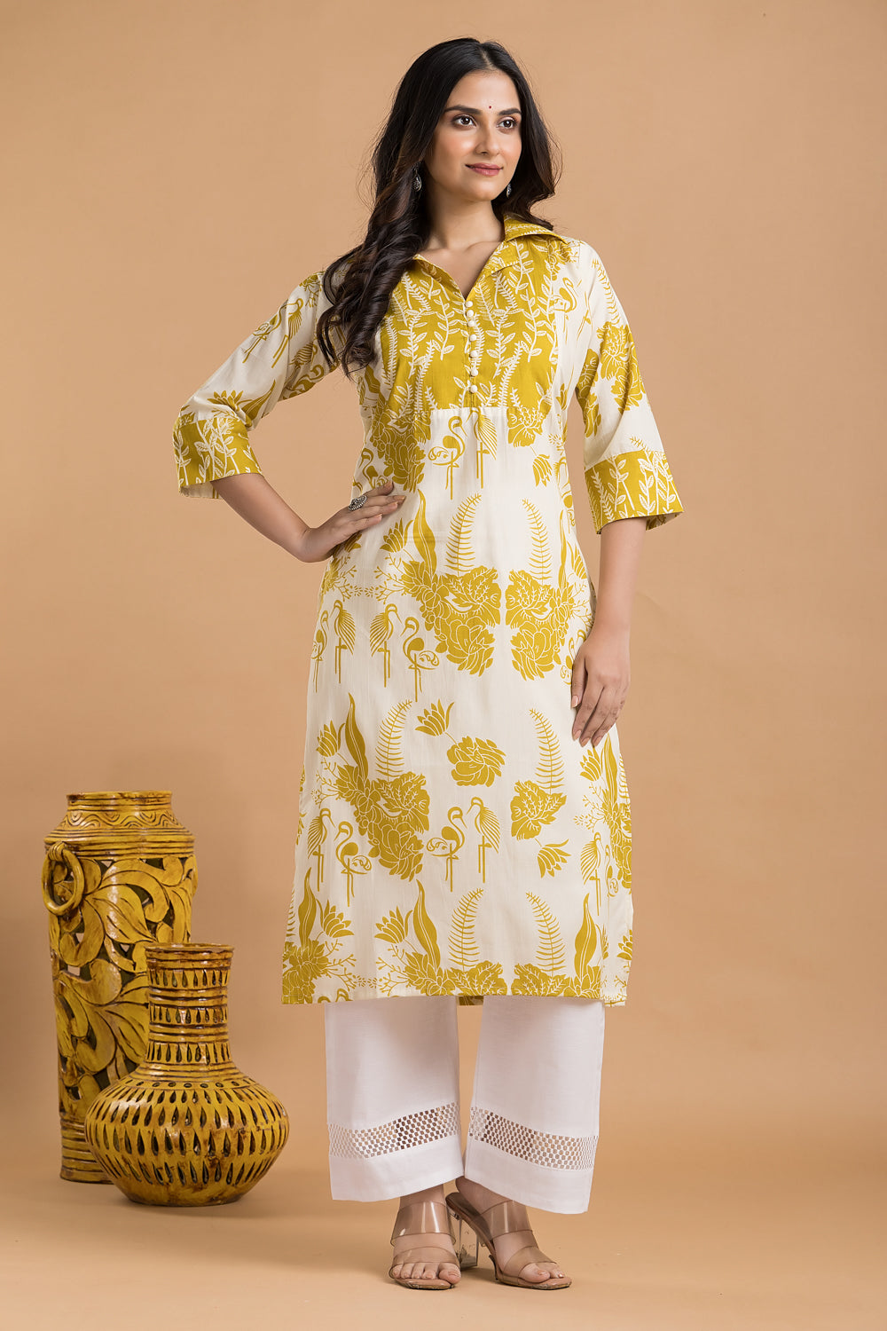Off-white & Yellow Flamingo Print Kurta