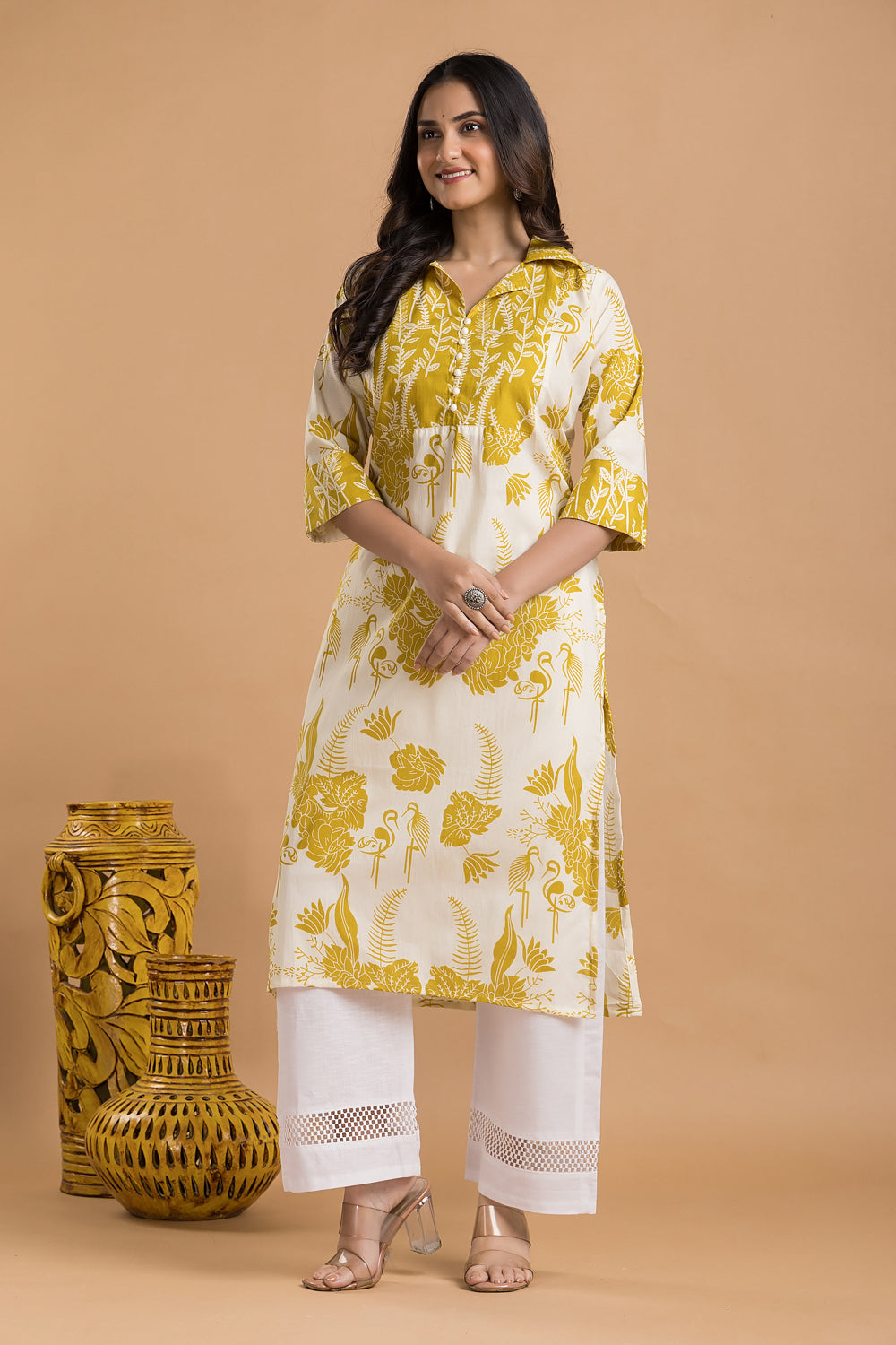 Off-white & Yellow Flamingo Print Kurta