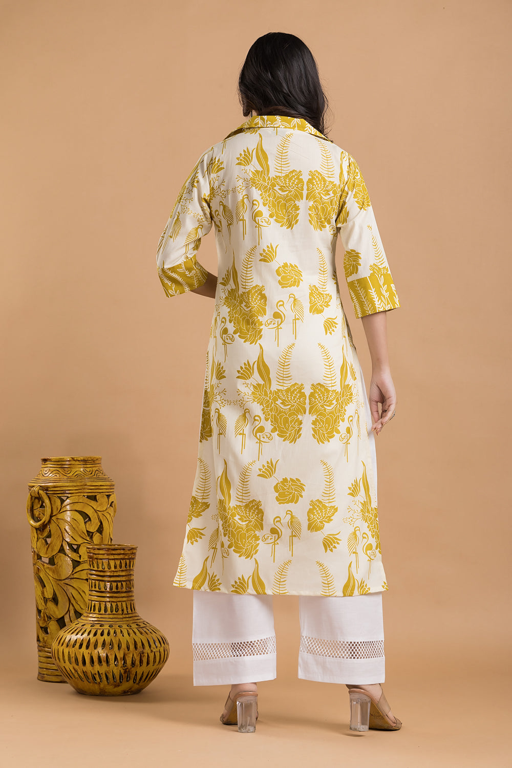 Off-white & Yellow Flamingo Print Kurta