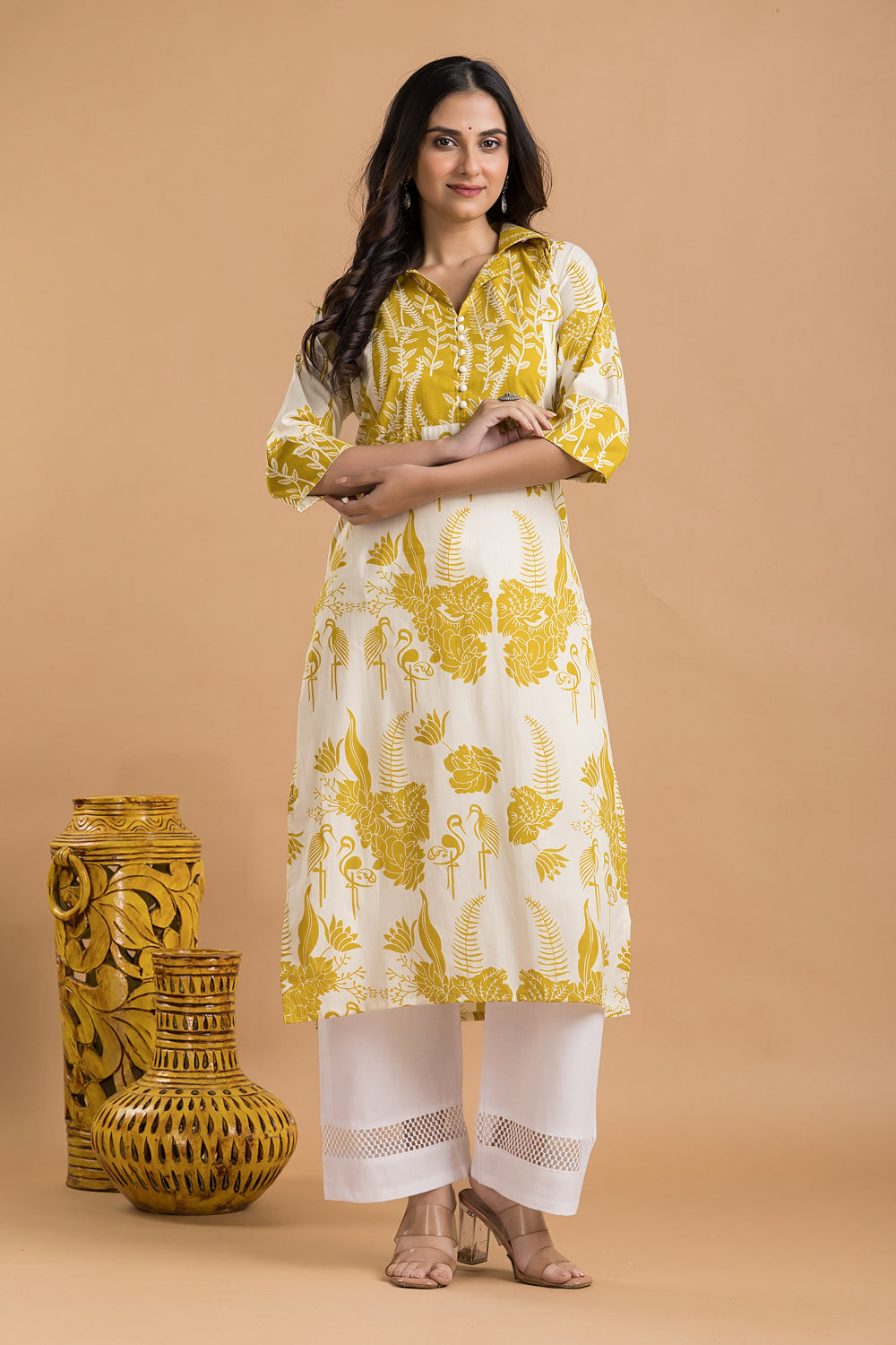 Off-white & Yellow Flamingo Print Kurta