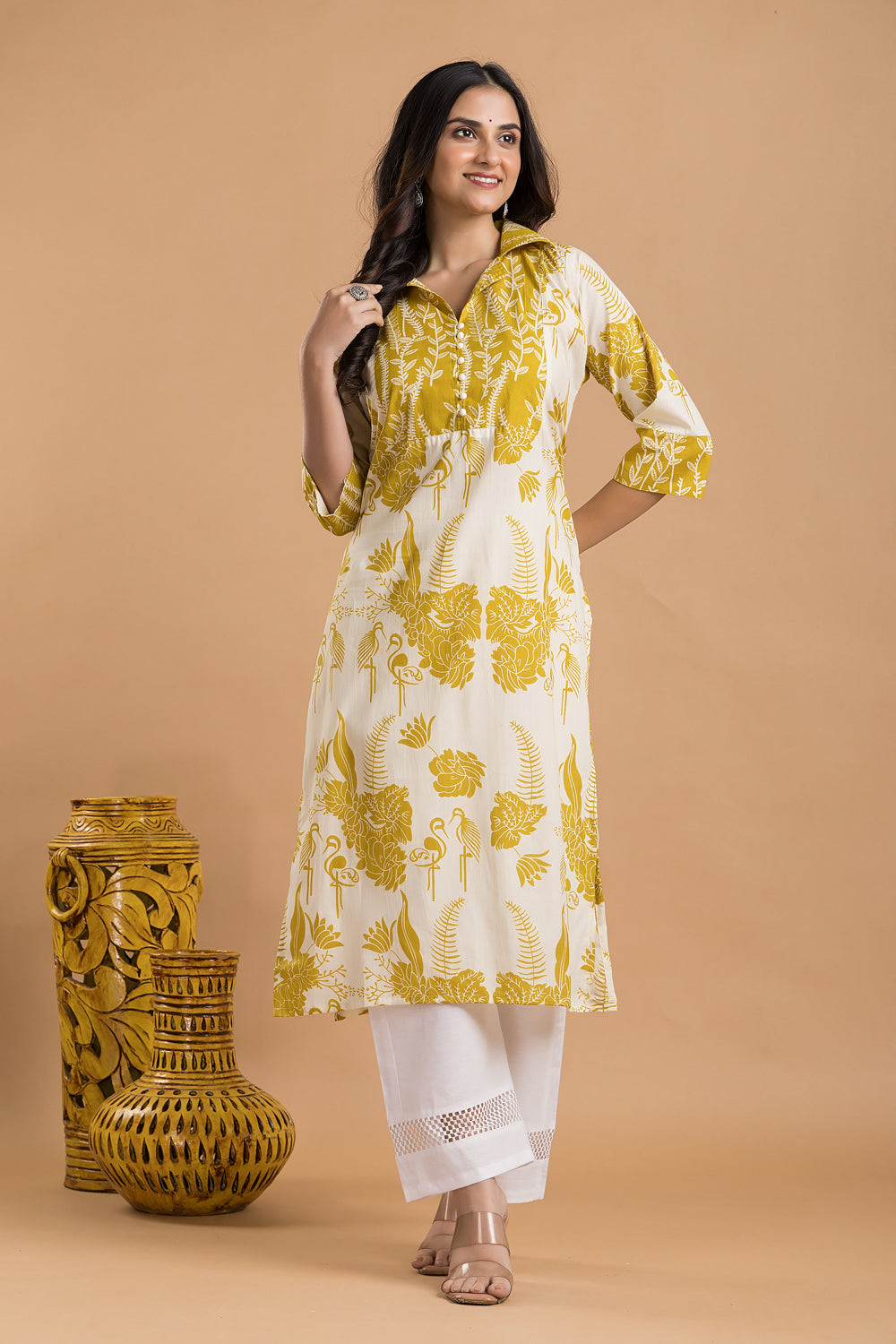Off-white & Yellow Flamingo Print Kurta
