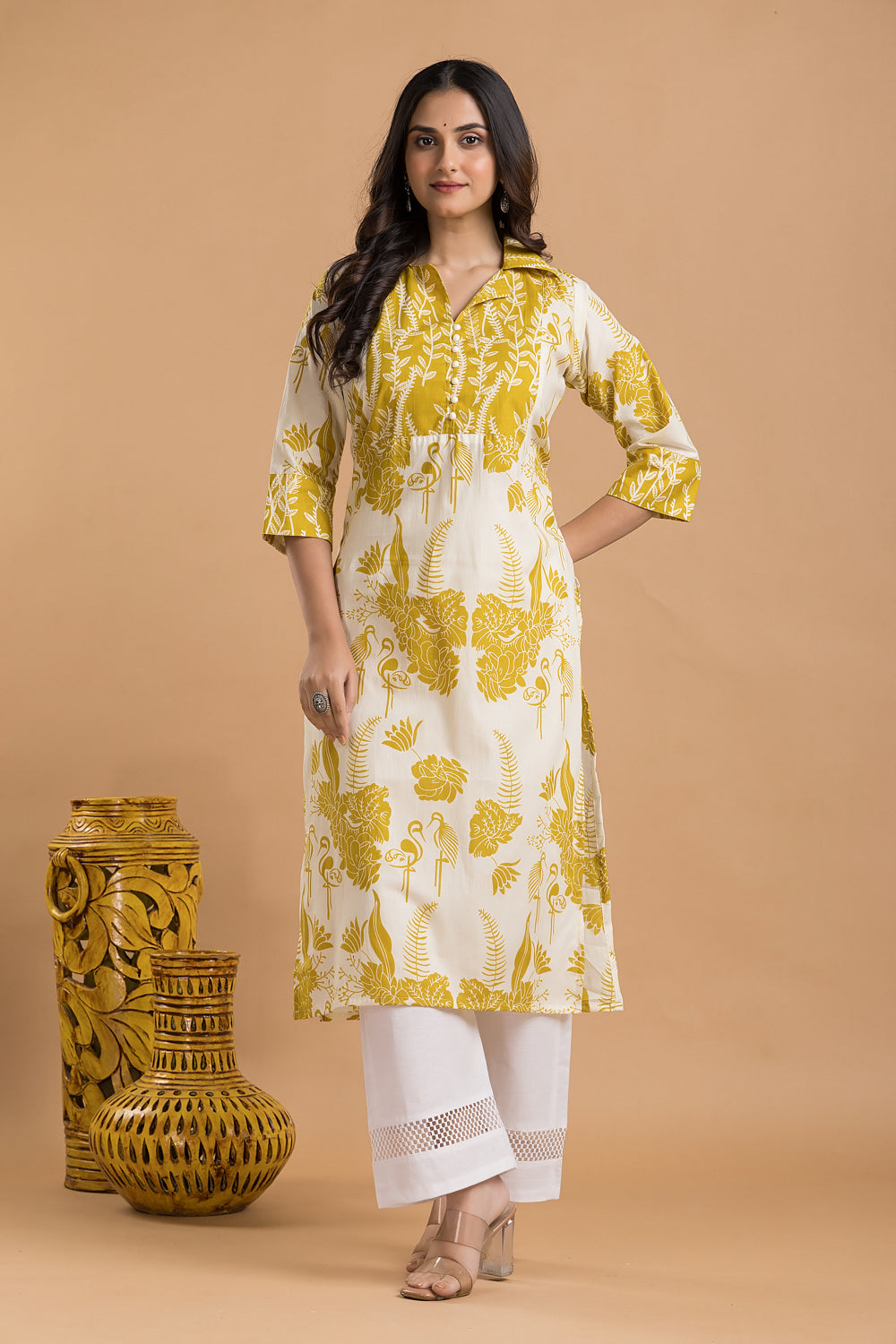 Off-white & Yellow Flamingo Print Kurta