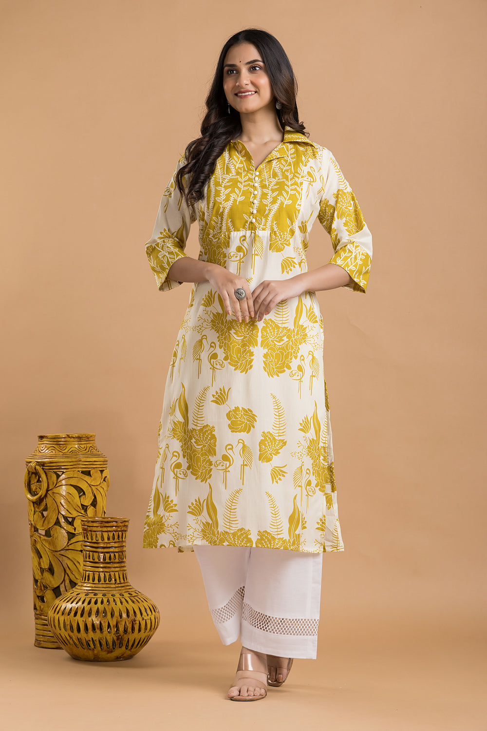 Off-white & Yellow Flamingo Print Kurta