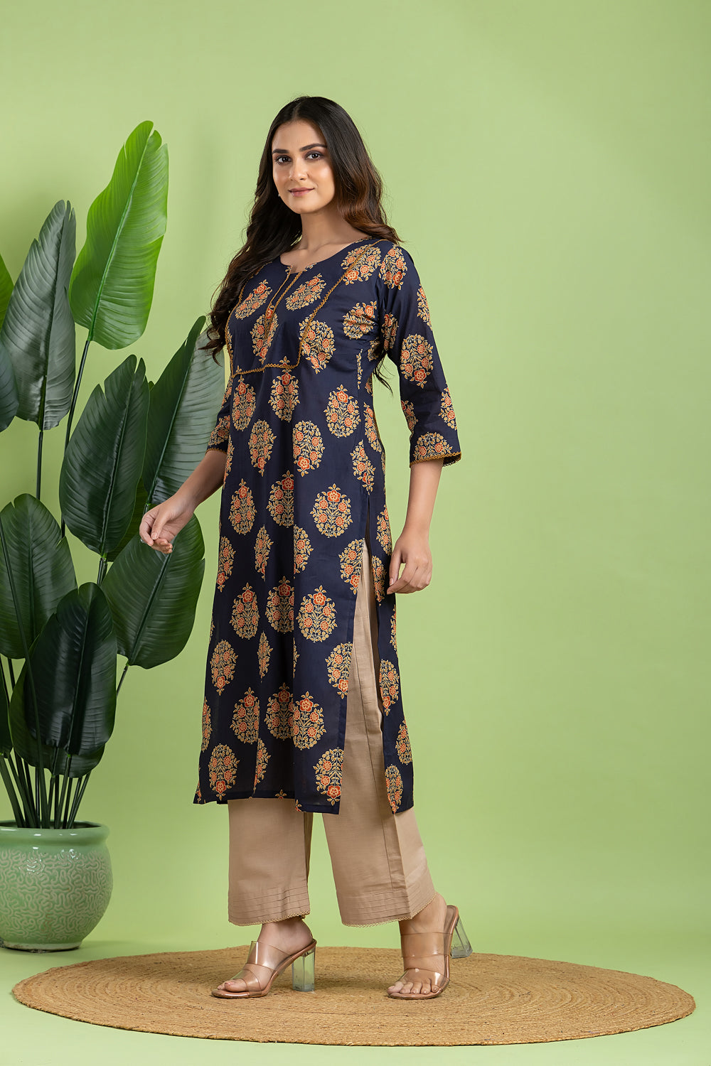 Royal Blue, Orange & Green Ornate Floral Print Kurta